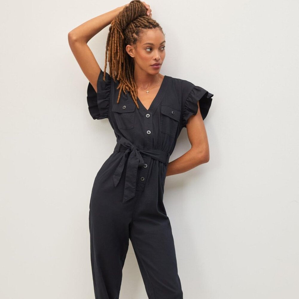 Anthro Tapered Ruffle Jumpsuit - Black